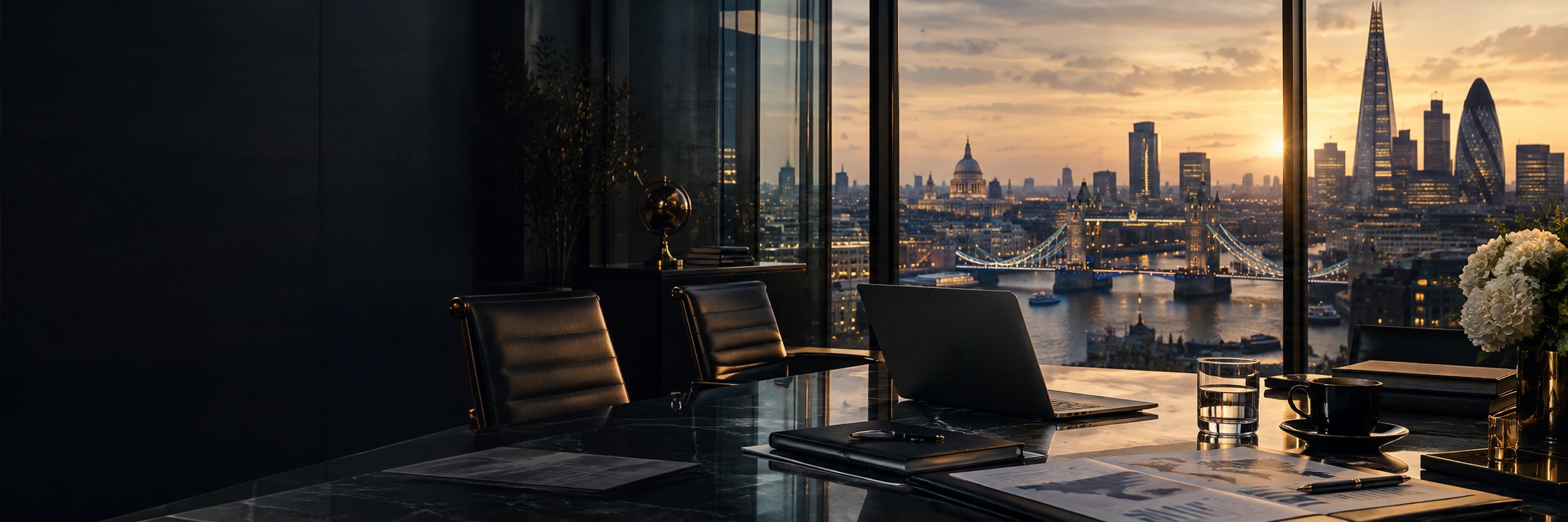 Executive banking workspace with London business skyline