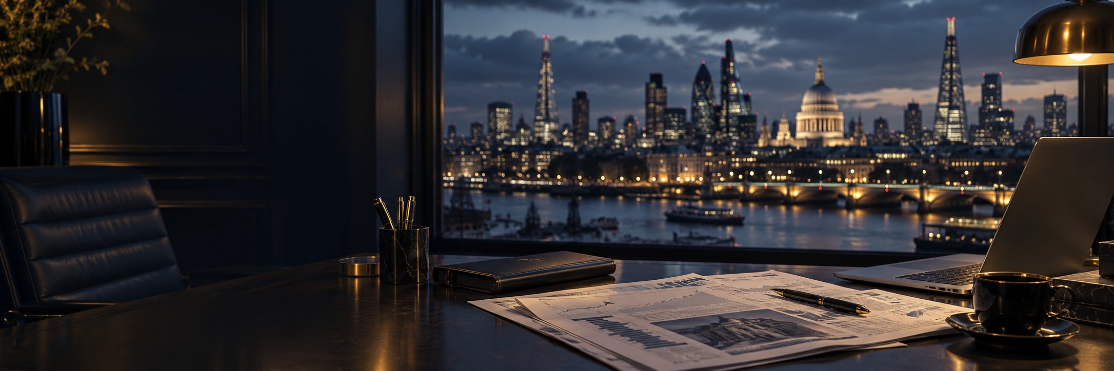 Editorial banking desk with London skyline backdrop