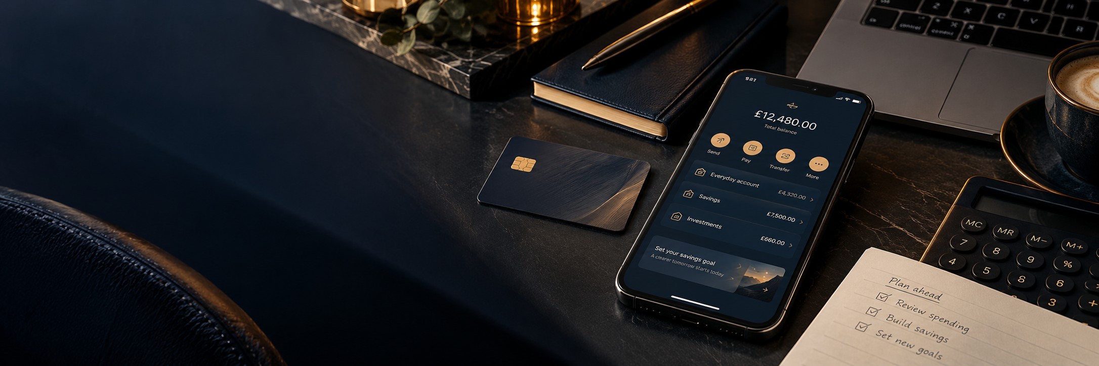 Premium mobile banking workspace with practical financial tools
