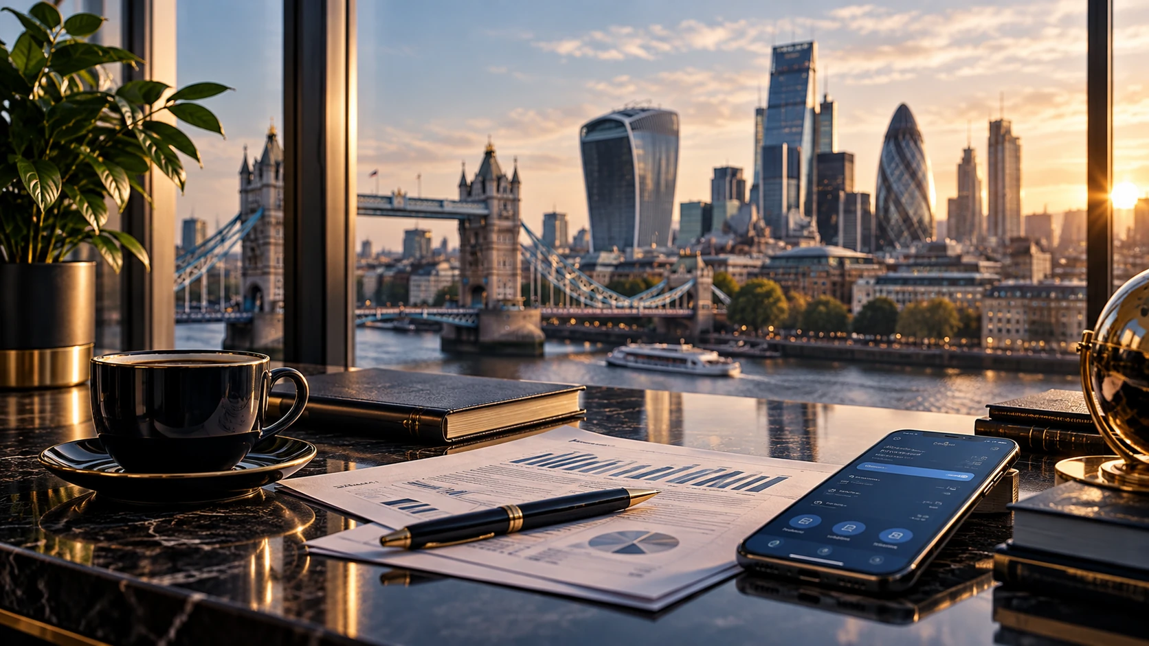 Premium London financial workspace for UK banking fraud and scam guidance
