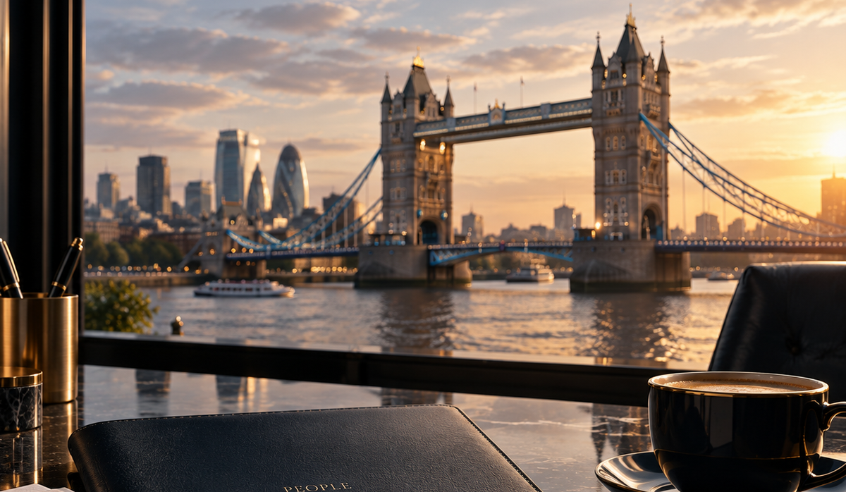 Tower Bridge and the City of London viewed from a premium financial workspace